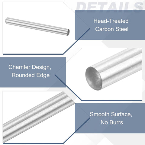 Ten Pack Carbon Steel Dowel Pins One Sixteenth By Five Eighths Inch Super Sturdy Oil Coated Round Pins details showing treated steel, chamfer design, and smooth surface.