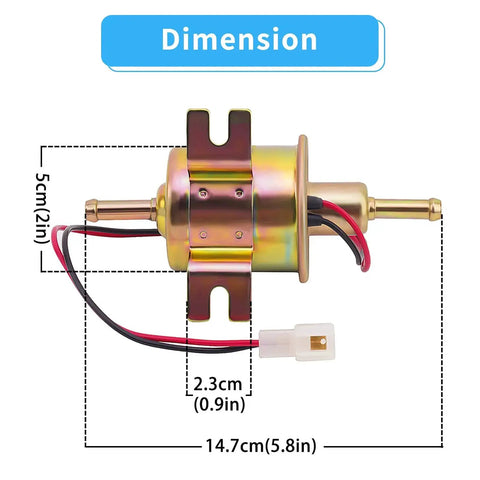 Universal 12V Inline Electric Fuel Pump Low Pressure 2.5 To 4 PSI For Gasoline Or Diesel Engines With Metal Construction Ideal For Motorcycle Carburetors ATVs Trucks Boats And Other Automotive Marine Applications, side view showing dimensions.