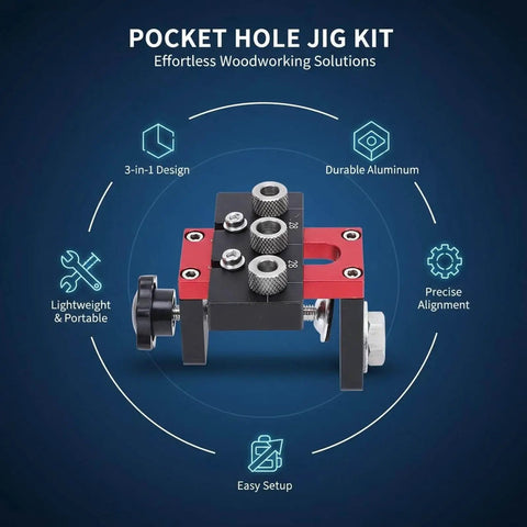 3 In 1 Aluminum Pocket Hole Jig Kit With Dowel Guide For 8mm 10mm And 15mm Drill Openings, Adjustable Depth And Alignment Scale
