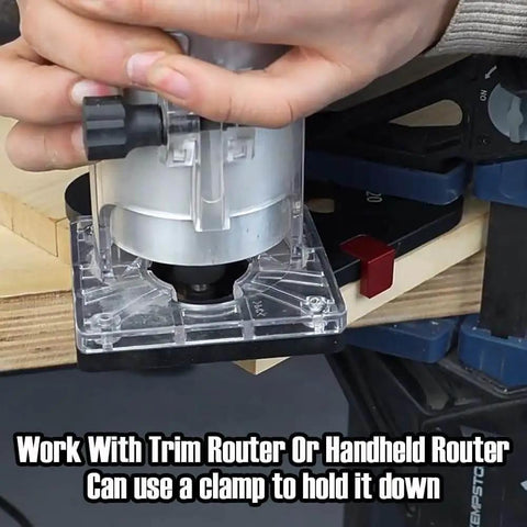Router Corner Radius Template Kit With Aluminum Alloy Jig in use with handheld router, quick release stop block visible
