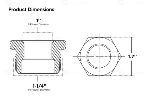 1 1/4 Inch Male NPT To 1 Inch Female NPT Brass Bushing With Hex Head product dimensions diagram showing FIP and MIP sizes.