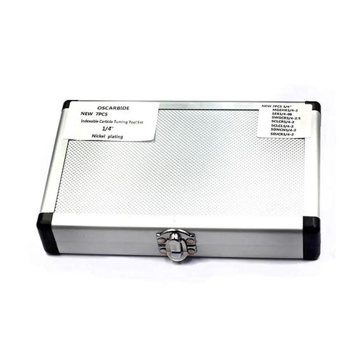 Closed case of Heavy Duty Lathe Tool Holder Set With One Quarter Inch Shanks Seven Piece Nickel Plated CNC Tools