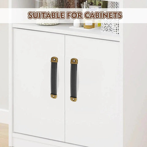 Leather Drawer Pulls Set Of 3 Pieces With Mounting Screws For Cabinets Luggage Handles Installed on White Cabinet