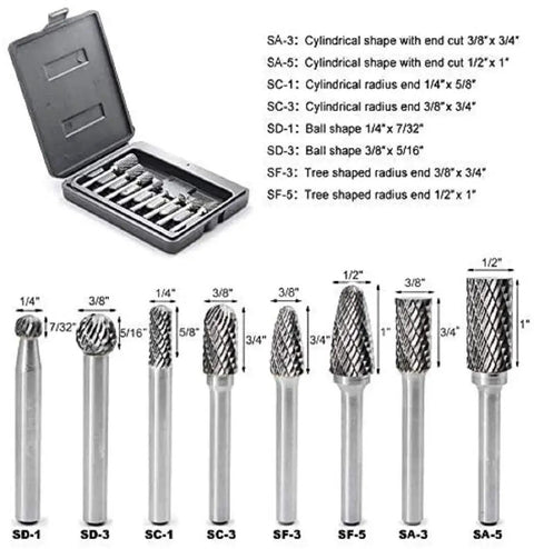 Eight Piece Double Cut Carbide Burr Set With One Quarter Inch Shank For Die Grinder And Rotary Tools Ideal For Metal Wood Carving Engraving Polishing Drilling Includes Eight High Performance Tungsten Carbide Burrs By YUFUTOL displayed with case and various shapes labeled
