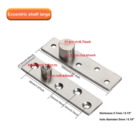 2 Pack 270 Degree Hidden Door Pivot Hinge Set For Concealed Bookcase Secret Doors In Stainless Steel, shown with measurements.