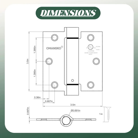 Diagram of Two Pack Self Closing Door Hinges Three Point Five Inch Matte Black Spring Loaded Auto Close Hinges dimensions