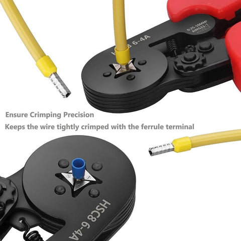 Ferrule Crimping Tool Kit With 1200 Insulated Terminals close-up of crimp tool with wire connectors, self adjusting ratchet