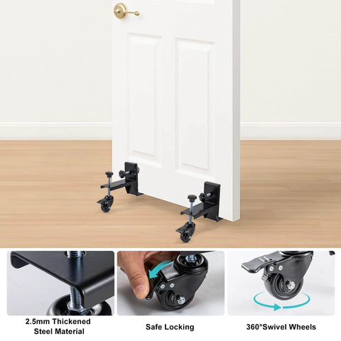 Heavy Duty Door Lifter Kit With Rolling Door Dolly Wheels For Pre Hung Doors Up To 800 Lb Pro Grade in use on a white door