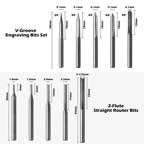 Pro Grade Tungsten Carbide End Mill Router Bits Set For CNC Machining 1/8 Inch Shank 50-Piece showing V-Groove and 2-Flute bits