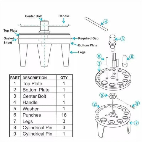 Diagram of Table Mount Gasket Punch Set 6 To 38mm 16 In 1 Hollow Punch Kit with labeled parts including top plate and legs.