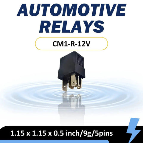 12V DC 35 Amp 5 Pin General Purpose Automotive Relay for car electrical system, shown with dimensions and model number CM1-R-12V