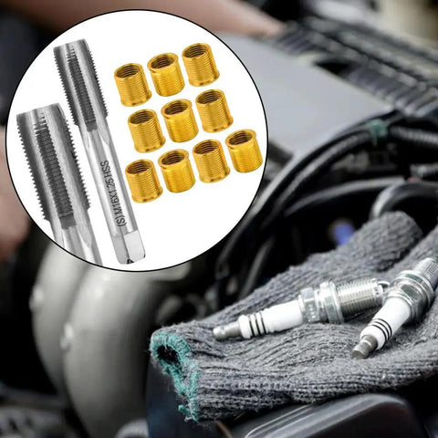 Spark Plug Thread Repair Kit With 10 Inserts And Tap For M14x1.25 shown with automotive engine in background