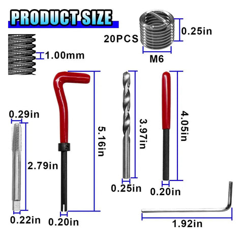 Complete M6 X 1.0 Thread Repair Kit With Helicoil Inserts, HSS Drill Bit, Tap, Break Off Tool, Installation Pin, Hex Wrench