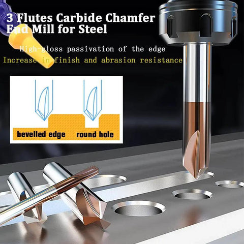 Carbide Chamfer End Mill 90 Degree With One Quarter Inch Shank Two Inch Overall Length Tisin Coated 3 Flute Cutting Metal