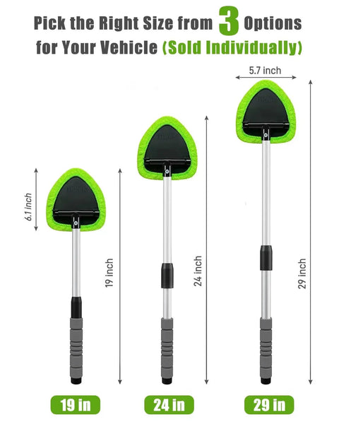 Three sizes of Long Reach Windshield Cleaner Tool With 180 Degree Pivot And Microfiber Pads, showing 19, 24, and 29 inch lengths.