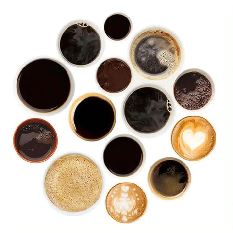 Top view of various coffee cups and frothy latte art from an Automatic Espresso Machine With Auto Clean And LatteGo Milk System.
