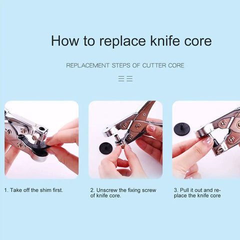 Instructions for replacing knife core step-by-step with images showing hand tools and fingers doing the process.