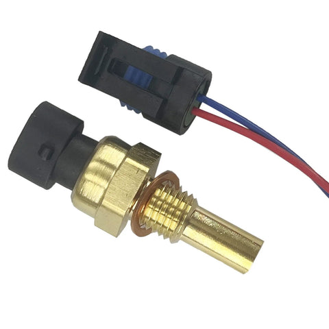 Engine coolant temperature sensor with pigtail connector, brass threaded sensor and black plastic housing, red and blue wires.