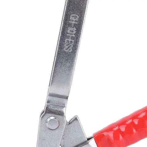 Close-up of Quick Release Toggle Clamp For Jigs And Workbenches With Plastic Handle Guard showing stainless steel arm.