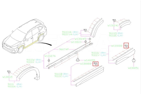 Diagram of Subaru trim clip placement, highlighting fender and rocker areas, for 10 Piece Fender Rocker Garnish Pillar Trim Clip Set With Sealer.