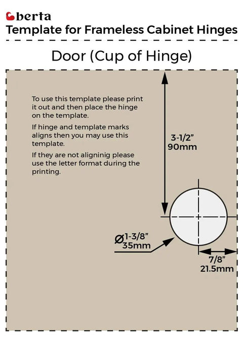 Template for Full Overlay Concealed Kitchen Cabinet Hinges 105 Degree with instructions and measurements by Berta.