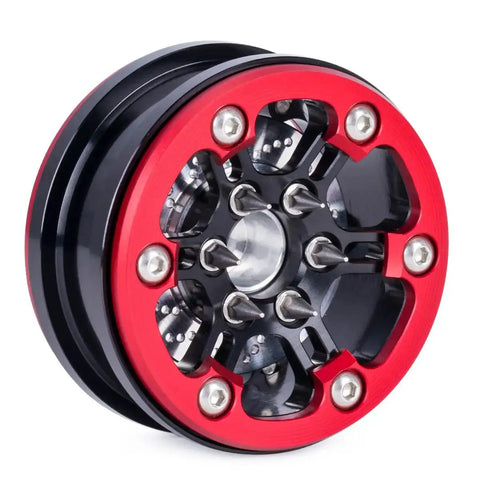 Premium Stainless Steel Lug Nuts With Spike Acorn Design 24Pcs Hex Screws installed on a red and black 1.9 VP Wheel