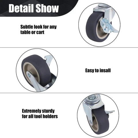 BAISASY 3-inch caster wheels with brakes on threaded M8-1.25 stems; front, side and close-up views, set of 4.