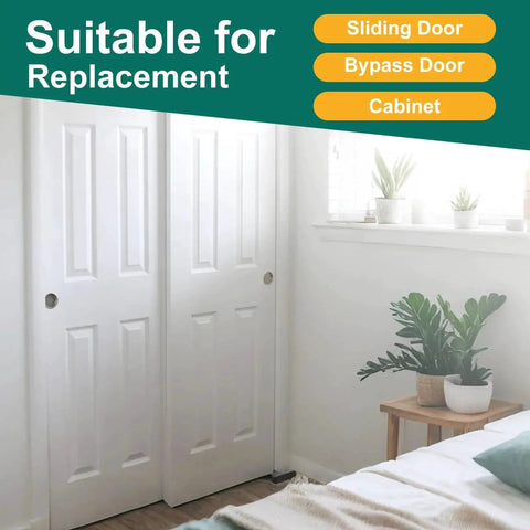 Four Pair Sliding Closet Door Roller Kit For Top Hung Doors With Three Quarters Inch Convex Wheels Ball Bearing Stamped Steel Rollers And Front Panel One Quarter Inch Offset And Rear Panel Three Eighths Inch Offset Brackets installed on white closet doors in a bedroom.