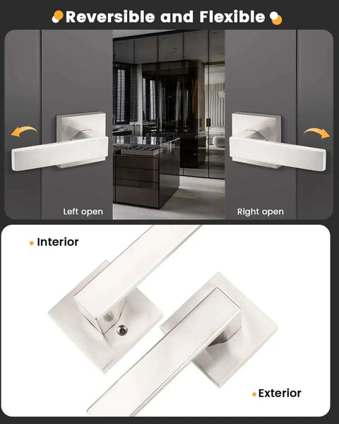 5 Pack Satin Nickel Square Door Levers And Handles For Interior Passage Locks, reversible installation shown on doors