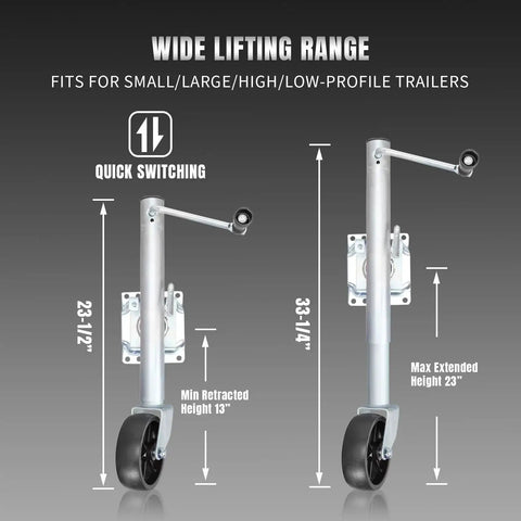 Heavy Duty Bolt On Trailer Tongue Jack With Wheel 1000 Lbs 10 Inch Lift For RV, two views showing height adjustments
