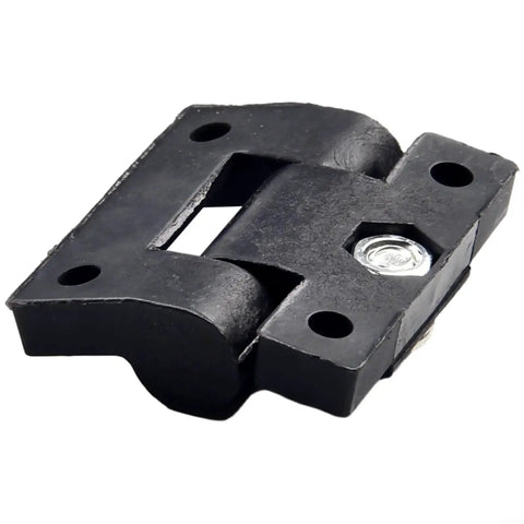 Close-up of adjustable torque hinge, black plastic door hinge with pre-drilled holes