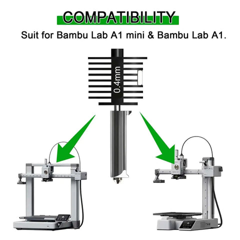 Compatibility of 2 Pack A1 Mini And A1 Hotend Kit With 0.4mm Hardened Steel Nozzle for A1 Mini 3D Printer, showing high-temp print head and printers
