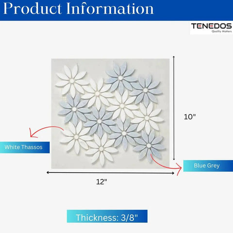 Daisy Flower Pattern Marble Mosaic Tiles In Celeste Blue And Thassos White, Waterjet Cut Floor And Wall Tile For Kitchen Backsplash And Bathroom Shower, Polished Marble Finish With Glossy Dope Look, 10 Sheets By Tenedos.