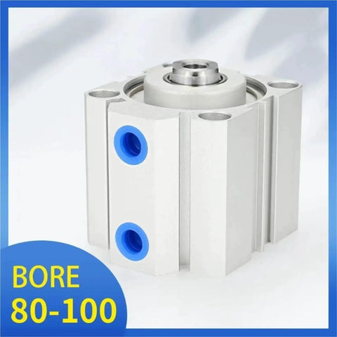 Pneumatic double-acting cylinder with aluminum body, bore 80-100 mm, blue ports, front view