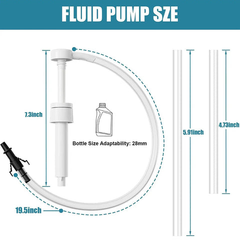 Diagram showing dimensions of the Transmission Fluid Pump For Quart Bottles With 8cc Per Stroke And 28mm Cap, with 19.5-inch length tube.