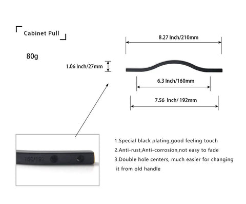 Diagram showing dimensions of Modern Matte Black Cabinet Handle Set For Doors And Drawers with arched style and dual-hole centers.