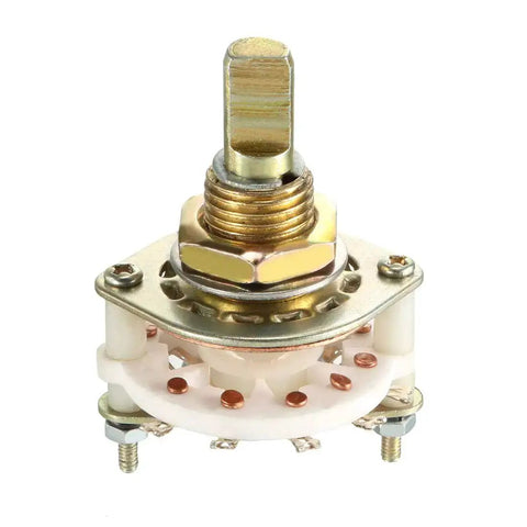Band Selector Rotary Switch, 2 Pole 4 Position, 10 Pin, Single Deck, 9mm Mount Hole, 6mm Shaft, 11.5mm Shaft Length, front view