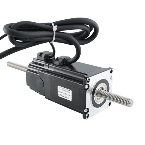ESXSWYDR screw motor, front view; black housing, 400mm lead screw with dual cables
