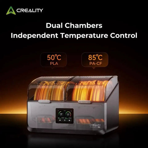X4 Filament Dryer Box for 3D Printers with dual chambers, displaying filament rolls, temperature control 50°C and 85°C for fast drying.
