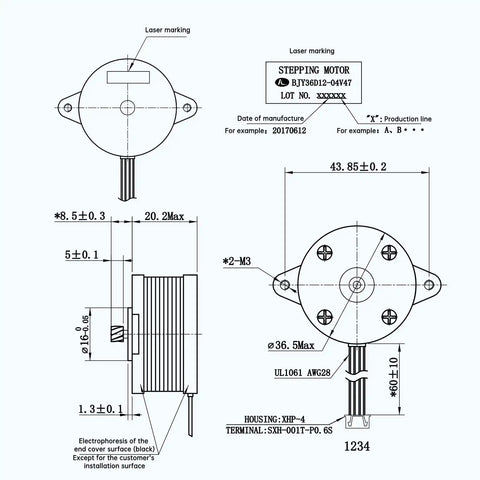 Technical diagram of Extruder Motor For 3D Printer X1 X1C P1P P1S 36 Circular Stepper With 9 Tooth Helical Gear showing dimensions and specifications