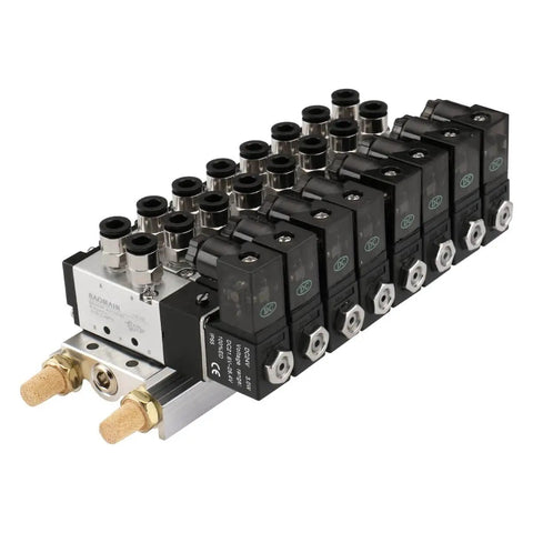 Eight Port Pneumatic Solenoid Valve Set with Two Position Five Way Base Muffler Quick Fittings PT One Eighth Inch DC Twenty Four Volt Solenoid Pack