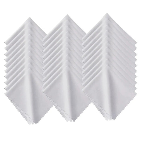 30 Pack Lint Free Microfiber Cleaning Cloths for Glasses Lenses and Screens, 6 x 7 inches, white, arranged in a stack