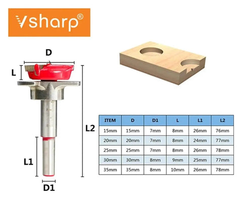 Carbide Hinge Hole Opener Drill Bit Set For Woodworking, Positioning Hole Saw With 78mm Length, 7mm And 8mm Diameters, 15 20 25 30 35mm Sizes For Power Tools, Ideal For Hinges And Perforated Woodwork shown with measurements and sample cut.