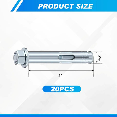 20 Pack 1/2 x 3-Inch Sleeve Anchors for Concrete, Masonry and Brick with Hex Head, Zinc Plated, shown with dimensions