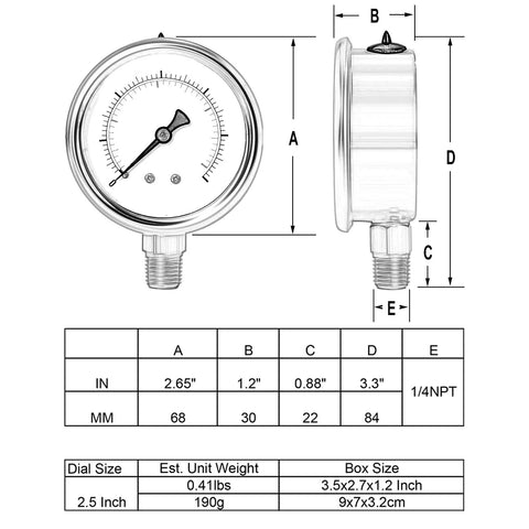 UHARBOUR glycerin-filled vacuum gauge 2.5 in dial, 1/4 in NPT bottom, stainless steel case, brass movement, -30Hg/30psi