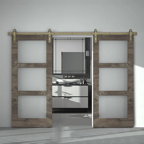 Installed 13 Foot Classic Brass Sliding Barn Door Hardware Kit For Interior Double Doors In Brushed Gold Finish