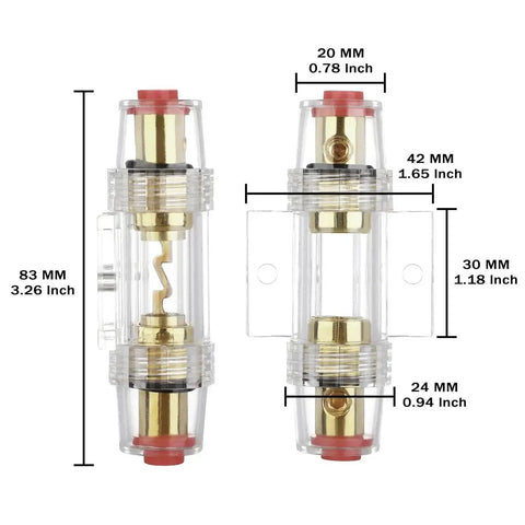 Inline AGU Fuse Holder For 4 To 10 Gauge Wire With Four 60A Fuses Two Pack For Car Audio Alarm Amplifier Compressor Marine Auto Parts And Industrial Use shown with dimensions and clear housing.