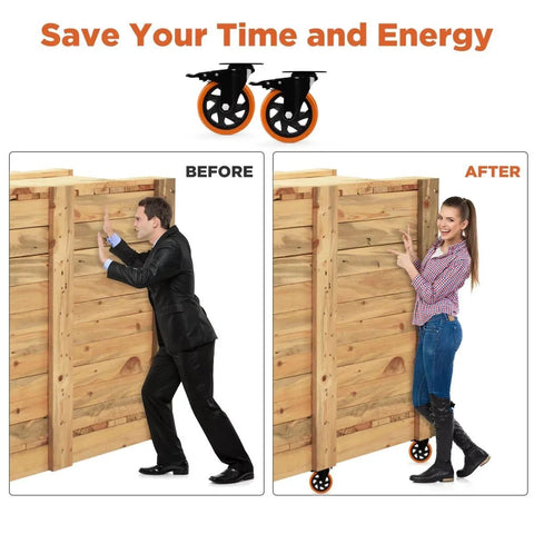 Before and after using Heavy Duty 4 Inch Locking Swivel Caster Wheels Set Of 4 For Cart Furniture And Workbench In Orange Polyurethane.