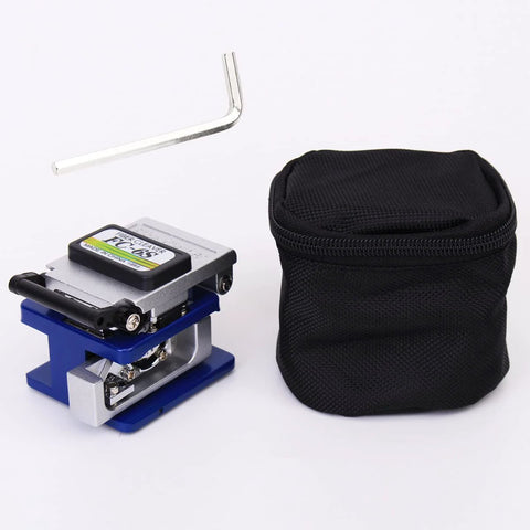 Fiber optic termination tool kit 9-in-1 with FC-6S cleaver, blue base tool, and black zip pouch.