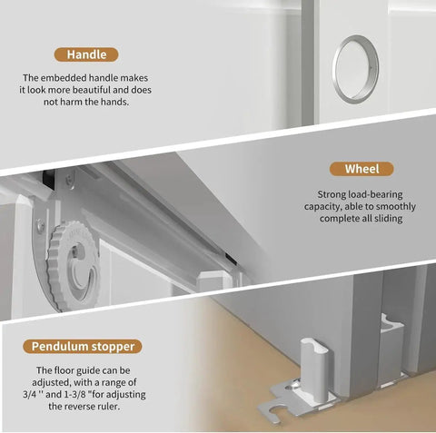 Close-up view of Bypass Sliding Door Hardware 60 Inch Track Set with handle, wheel, and pendulum stopper for smooth operation.